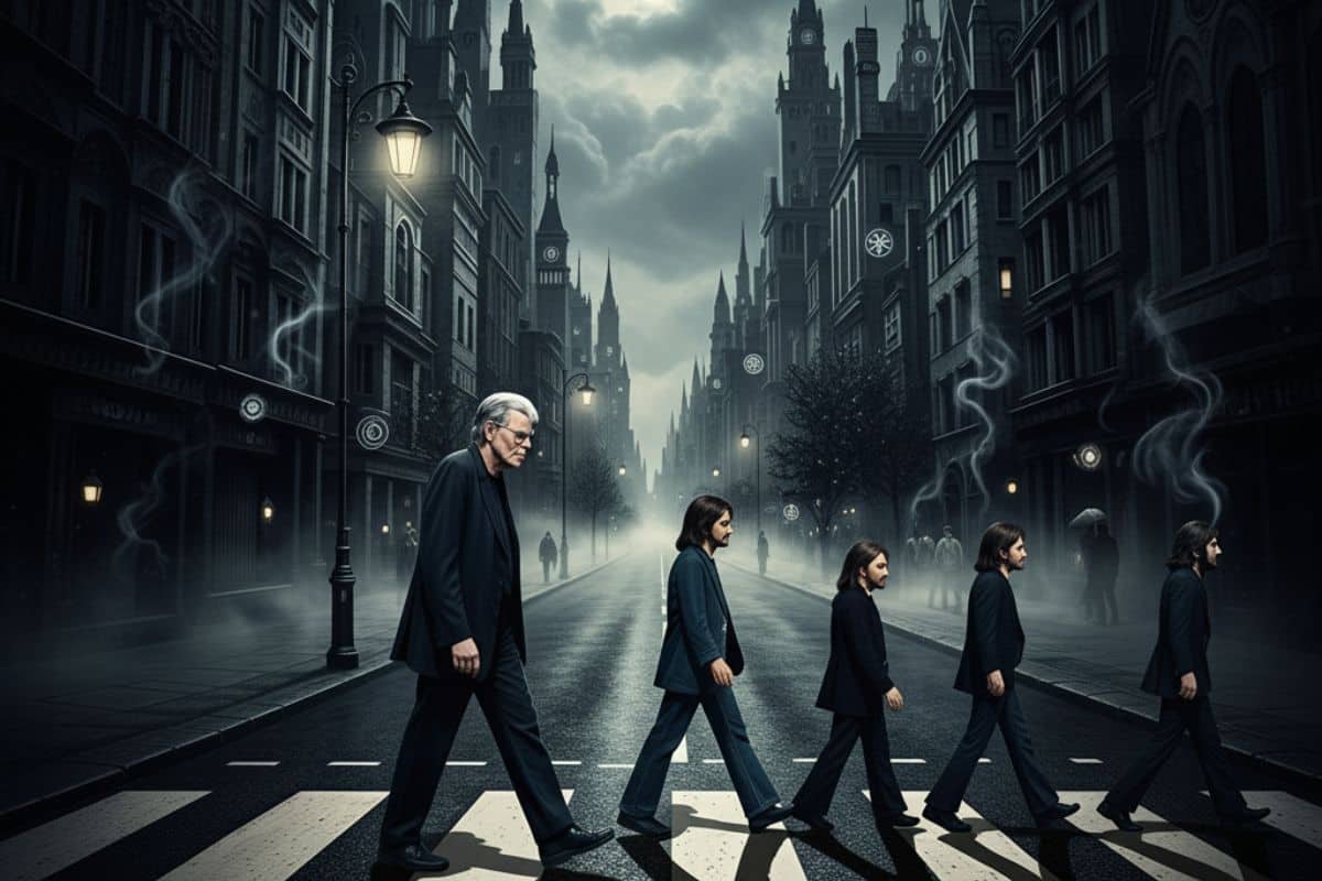 Stephen King y los Beatles en un cruce de calles góticas, inspirado en Abbey Road.