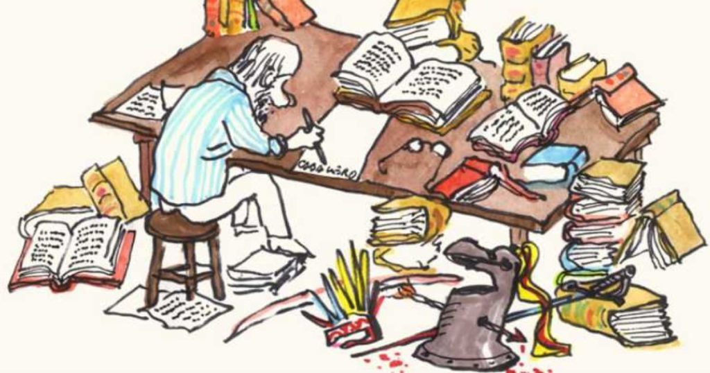 Ilustración de Antonio Caballero escribiendo en su escritorio, rodeado de libros abiertos, tinta y papeles, con trazo caricaturesco y detallado.