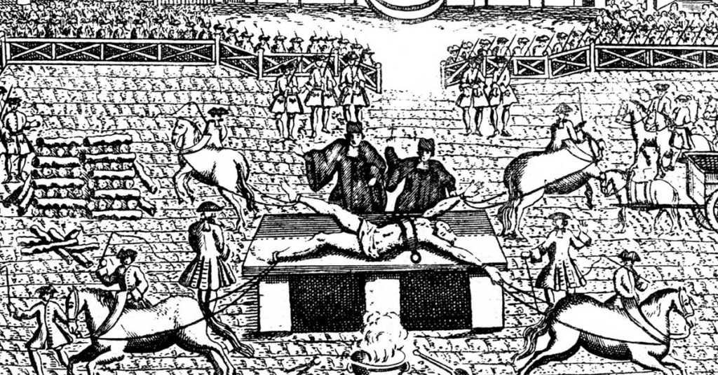 Grabado del suplicio de Robert-François Damiens en París, 1757, con su cuerpo atado a caballos