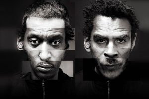 Retrato artístico fragmentado de Massive Attack en blanco y negro