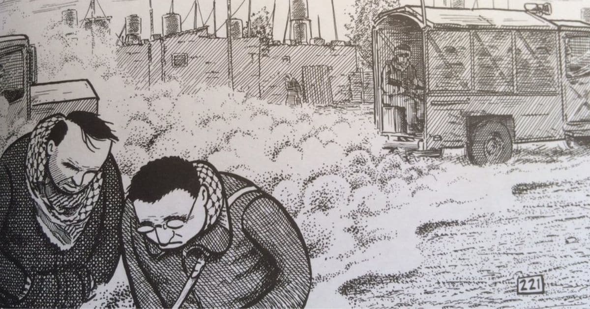 Viñeta del cómic Palestina de Joe Sacco: dos hombres caminan entre gases lacrimógenos.