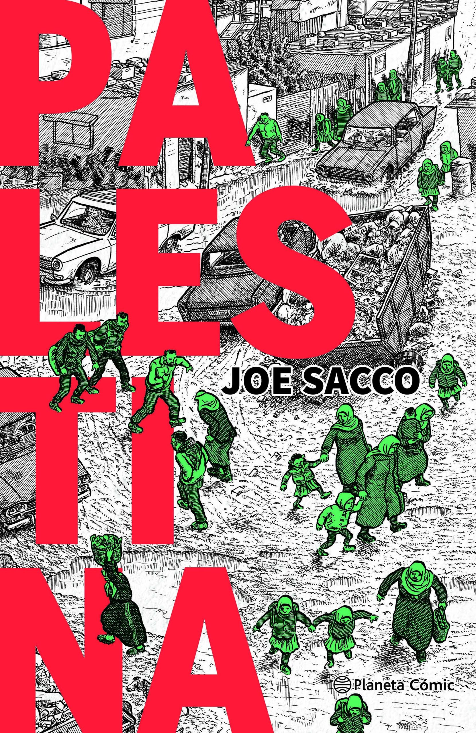 Viñeta de la novela gráfica Palestina de Joe Sacco: dos hombres caminan entre gases lacrimógenos lanzados por un vehículo militar.