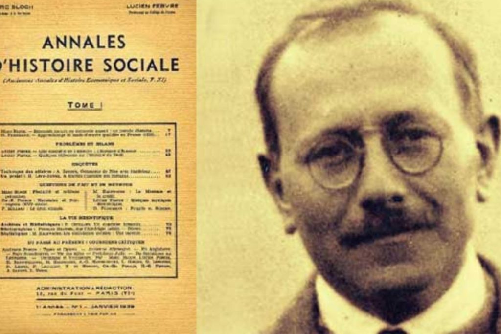 Portada de Annales d’histoire sociale junto a un retrato en sepia de Marc Bloch.