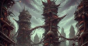 Arquitectura orgánica y futurista de estilo biopunk en una ciudad distópica.