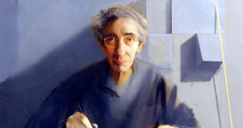 Retrato pictórico de Juan Cárdenas Arroyo pintando en su taller, con juegos de luz y geometrías al fondo