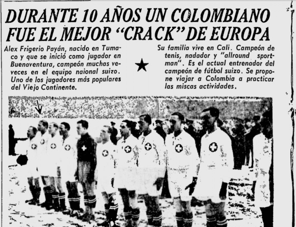 Recorte de prensa antiguo sobre Álex Frigerio Payán, colombiano nacido en Tumaco que brilló en el fútbol suizo.