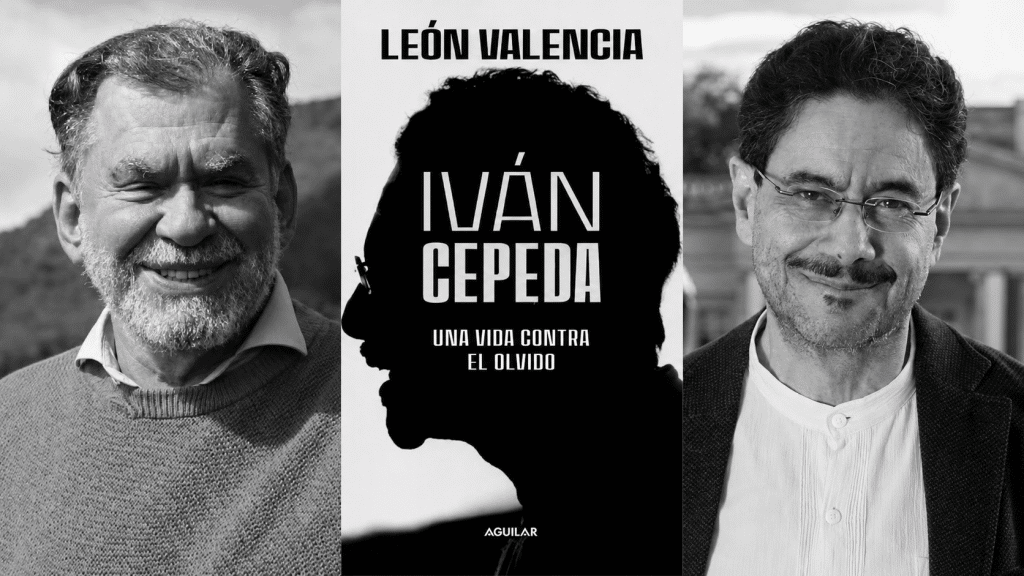 León Valencia y el senador Iván Cepeda junto a la portada del libro Iván Cepeda: una vida contra el olvido.