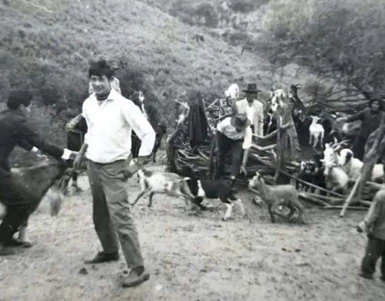 Escena de Nuestra tierra, de Lucrecia Martel, con integrantes de una comunidad rural y animales en un paisaje montañoso.