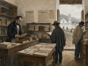 Recreación ilustrada del interior de una librería bogotana hacia 1851, con Juan Simonnot rodeado de libros y publicaciones.
