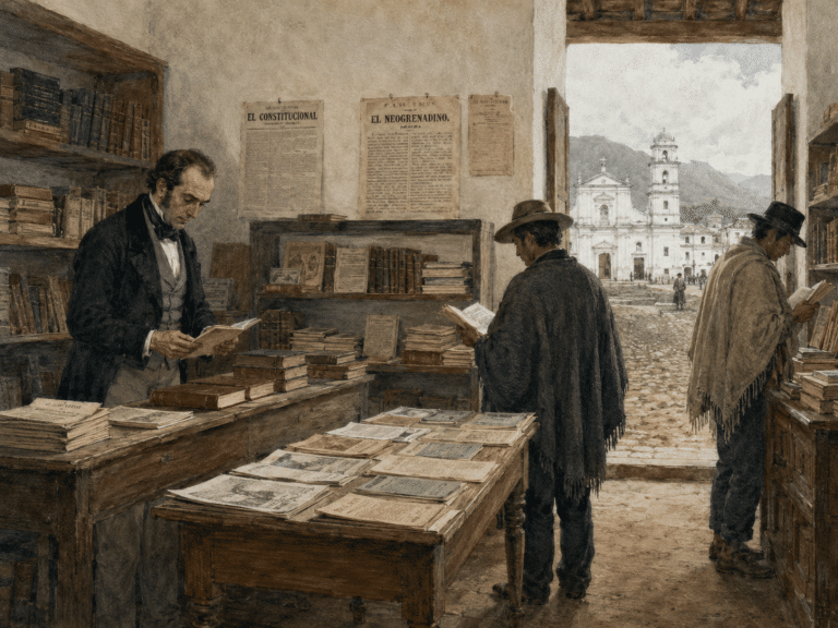 Recreación ilustrada del interior de una librería bogotana hacia 1851, con Juan Simonnot rodeado de libros y publicaciones.