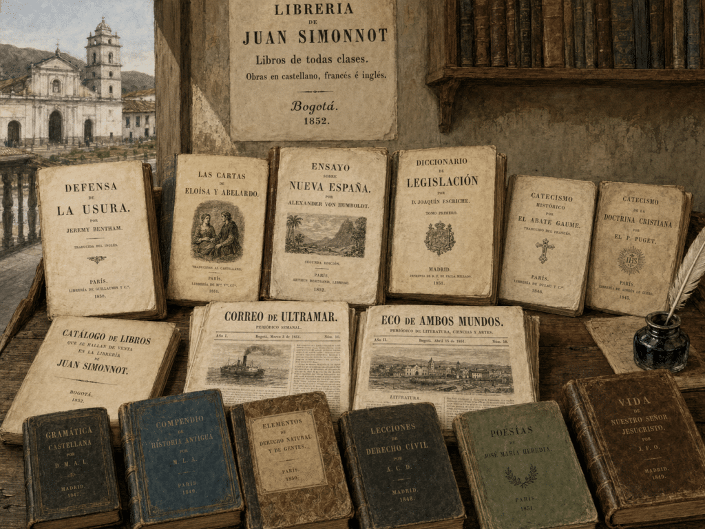 Recreación ilustrada de libros y publicaciones ofrecidos por la librería de Juan Simonnot en Bogotá a mediados del siglo XIX.